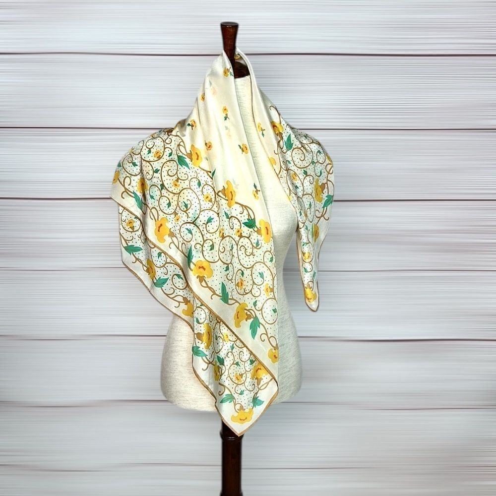 Vintage Ray Strauss Silk Scarf Ivory Floral Green Yellow Tan 35x35” Japan